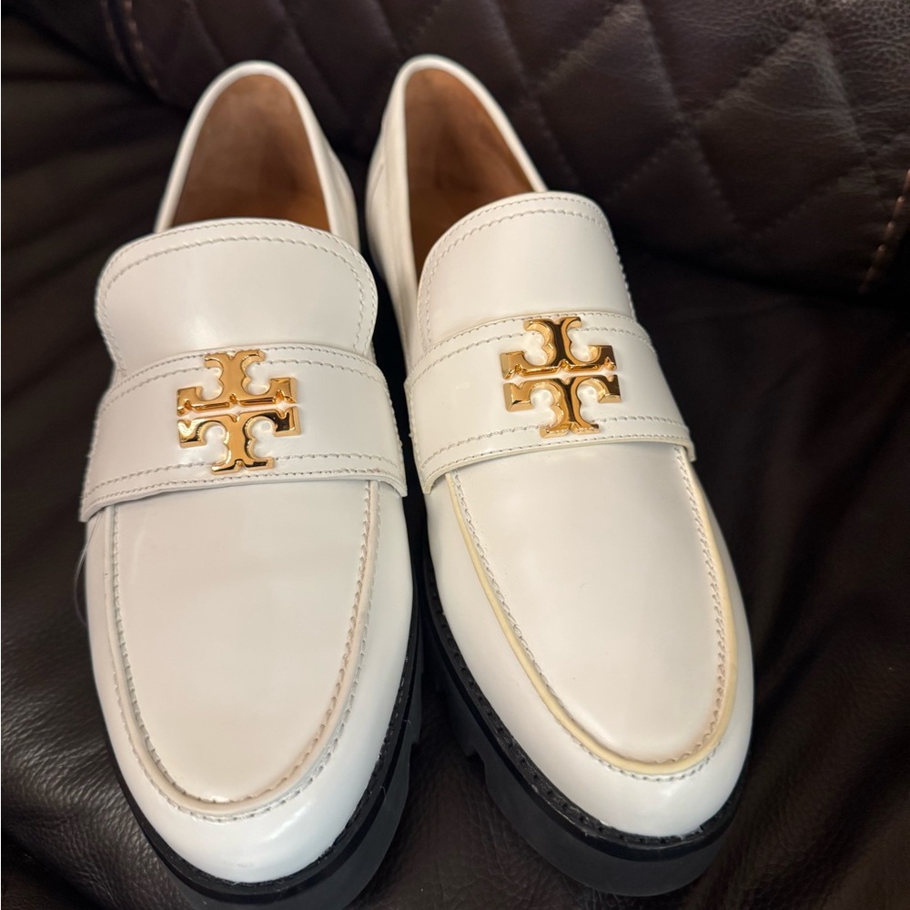 Tory Burch White Gold Slip-On Loafers with Classic Design